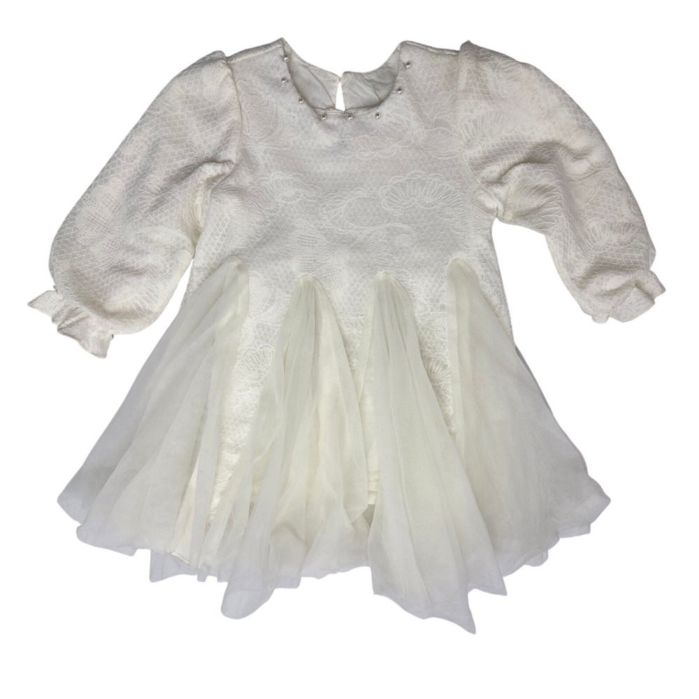 Hostoyo Girls Cream White Lace Tulle Pearl Dress Long Sleeve Size 90/52 ghk702
